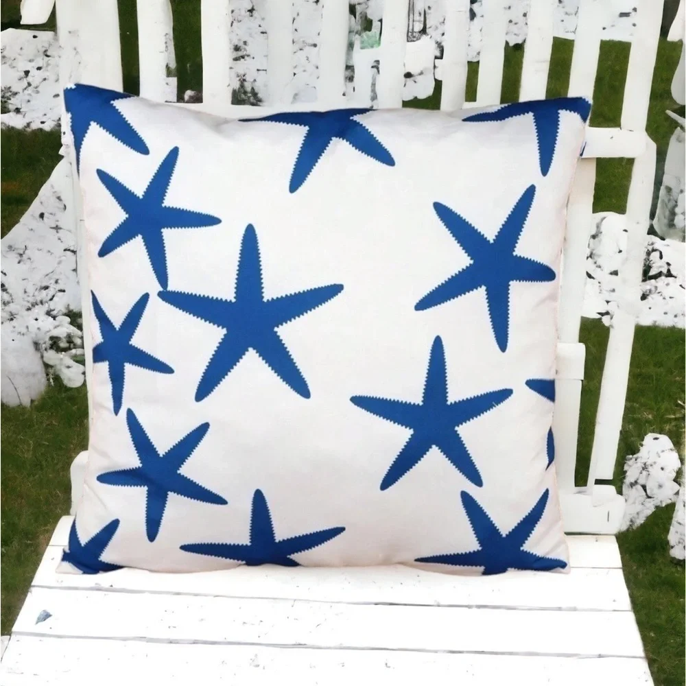 Coastal Starfish Pillow Cover Beach Nautical Square Blue White 17. 7 X 17.7 in